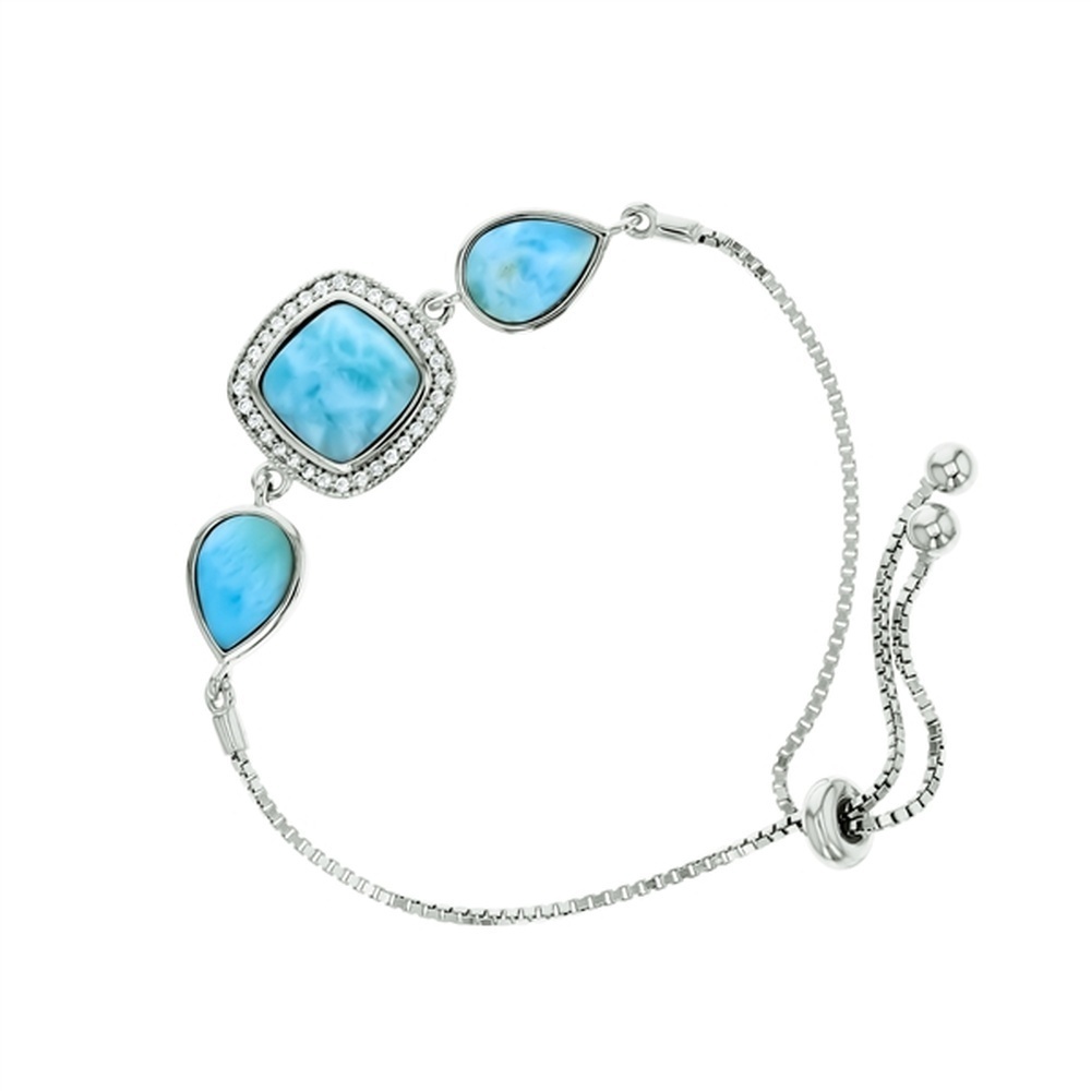 925 Sterling Silver Larimar Rectangle Halo CZ Pear Shape Adjustable Bracelet 9"